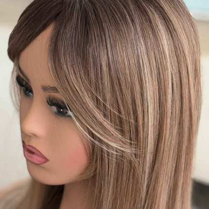 Tillstyle brown topper with bangs/highlighted brown