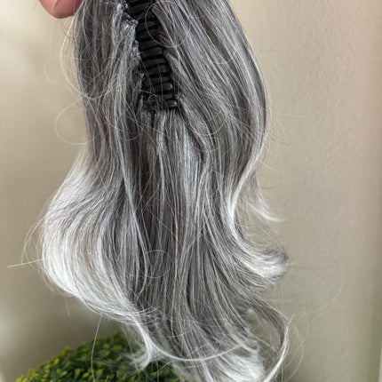 Tillstyle  medium grey curly claw clip ponytail white ends