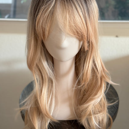 Tillstyle long  strawberry blonde wig with bangs ash brown roots blonde layered synthetic wig 22 inches