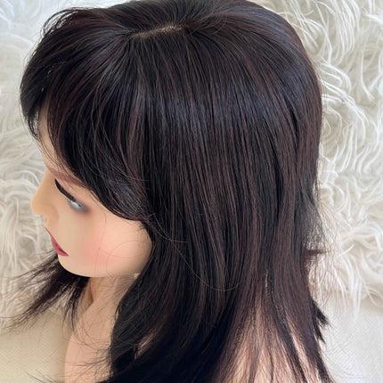 Synthetic hair toppers with bangs dark brown with burgundy highlights