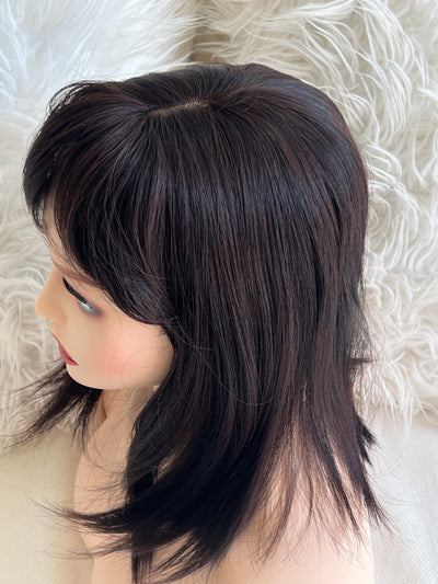 Synthetic hair toppers with bangs dark brown with burgundy highlights