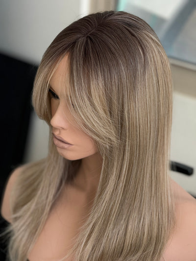 Tillstyle  ash blonde with ombre brown roots hair toppers with bangs