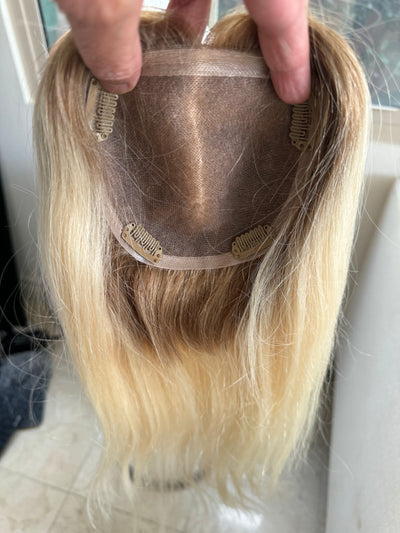 Tillstyle blonde highlighted human hair topper with mono base /ash blonde roots