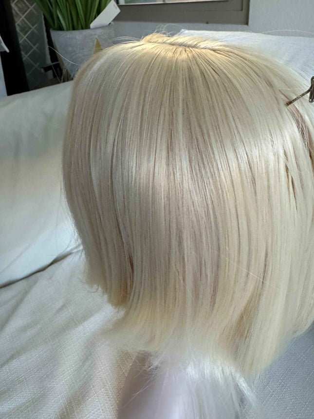 Synthetic hair toppers with bangs bleach blonde platinum blonde clip in hair topper