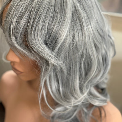 Tillstyle light grey silver wig with curtain bangs for women layered grey wig with pale white ends