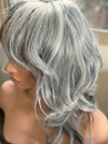 Tillstyle light grey silver wig with curtain bangs for women layered grey wig with pale white ends