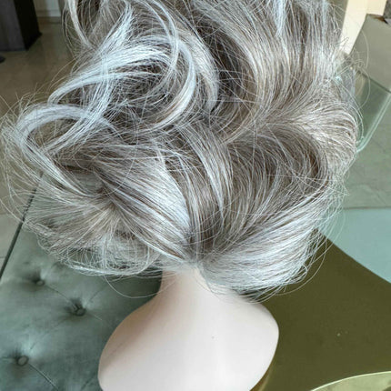 Tillstyle elastic messy bun hair piece curly hair bun pieces  white salt and pepper brownish grey