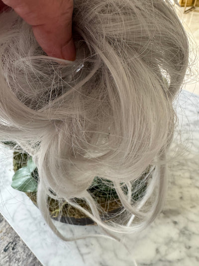 Tillstyle  white silver messy hair bun with bangs elastic hair bun