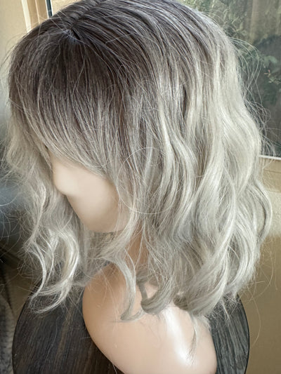 Tillstyle short  silver grey bob wigs for women loose body wave air bangs  synthetic premium fibre