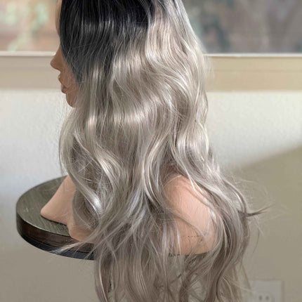 Tillstyle  long ash blonde grey mix wig dark roots wig loose body wave air bangs