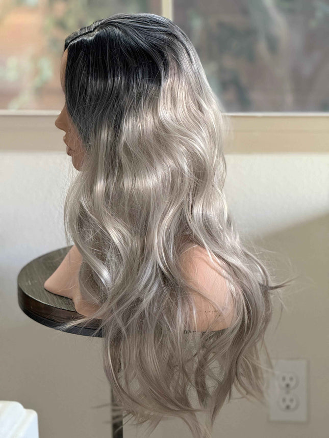 Tillstyle  long ash blonde grey mix wig dark roots wig loose body wave air bangs