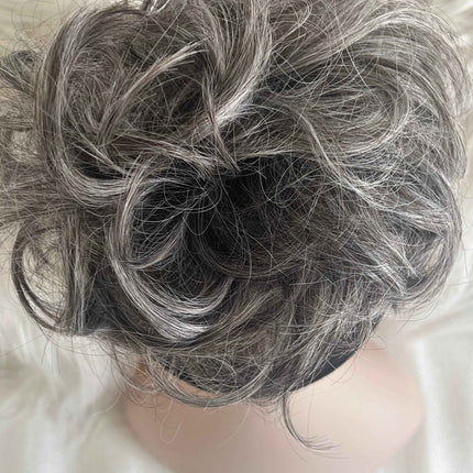 Tillstyle elastic messy bun hair piece curly hair bun pieces  salt and pepper brownish grey