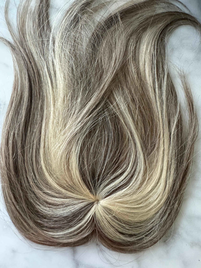 Tillstyle top hair piece 100%human hair ash brown/ bleach blonde highlights clip in hair topper