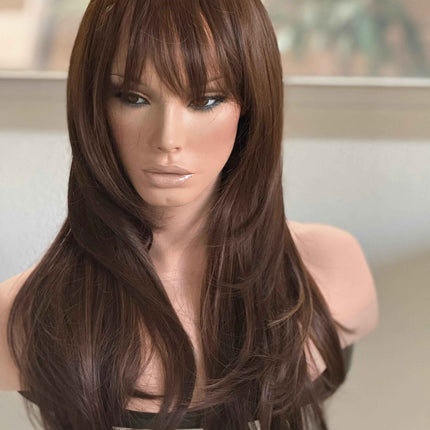 Tillstyle long  medium brown caramel highlighted wig with bangs