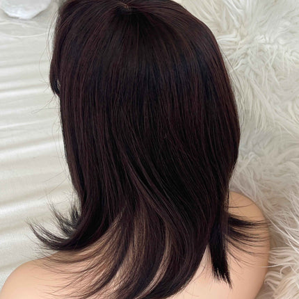 Synthetic hair toppers with bangs dark brown with burgundy highlights