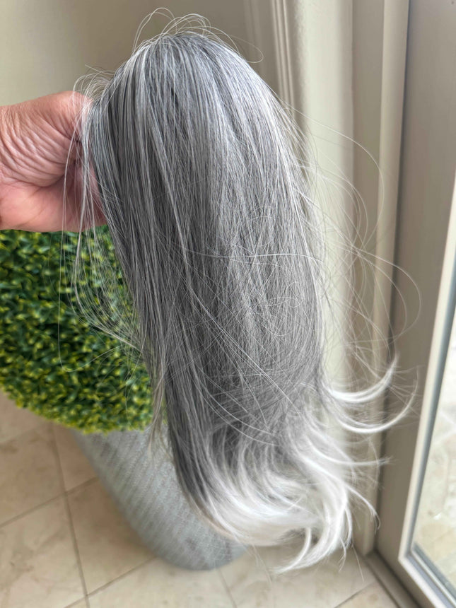 Tillstyle medium grey ponytail with creamy white ends