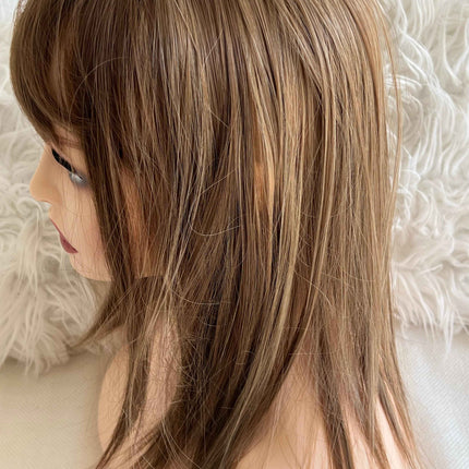 Synthetic hair toppers for women with bangs brown with dull blonde highlights