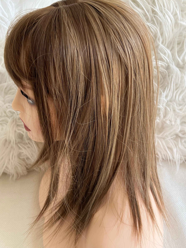 Synthetic hair toppers for women with bangs brown with dull blonde highlights