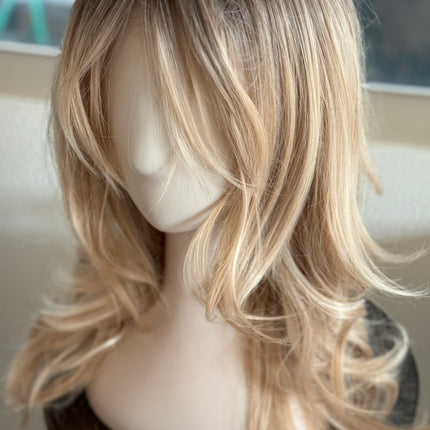 Tillstyle long  strawberry blonde wig with bangs ash brown roots blonde layered synthetic wig 22 inches