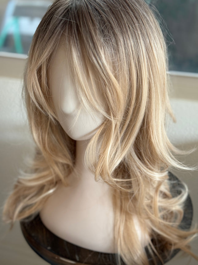 Tillstyle long  strawberry blonde wig with bangs ash brown roots blonde layered synthetic wig 22 inches