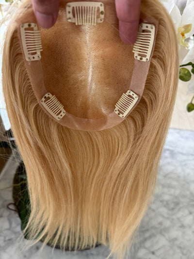 Tillstyle Human Hair Topper caramel Blonde clip in mono mesh base
