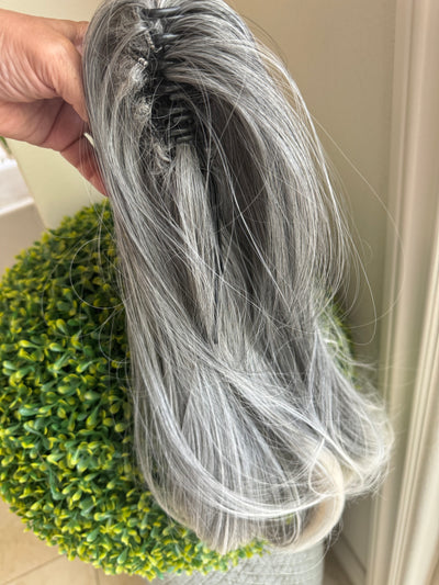 Tillstyle medium grey ponytail with creamy white ends