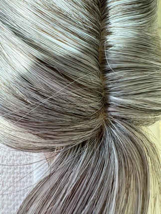 Tillstyle synthetic silver white brown grey hair topper with bangs  clip in hair top piece for thinning crown