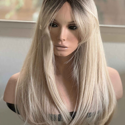 Tillstyle long  straight wig with bangs blonde highlighted with dark roots