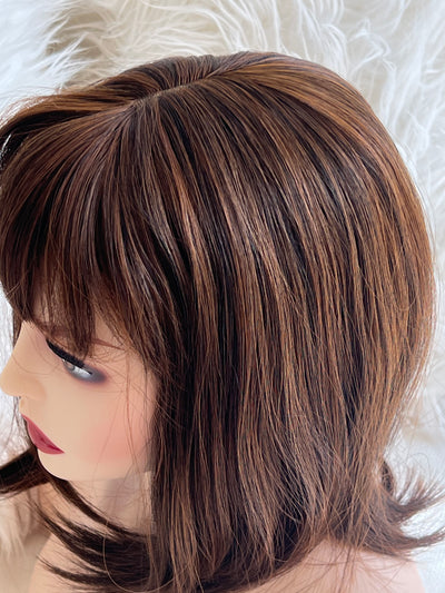 Synthetic hair toppers for women with bangs dark brown with orange highlights