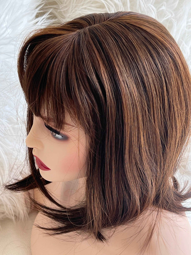 Synthetic hair toppers for women with bangs dark brown with orange highlights