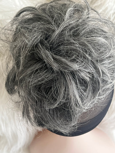 Tillstyle elastic messy bun hair piece curly hair bun pieces scrunchies salt and pepper grey with mixed white