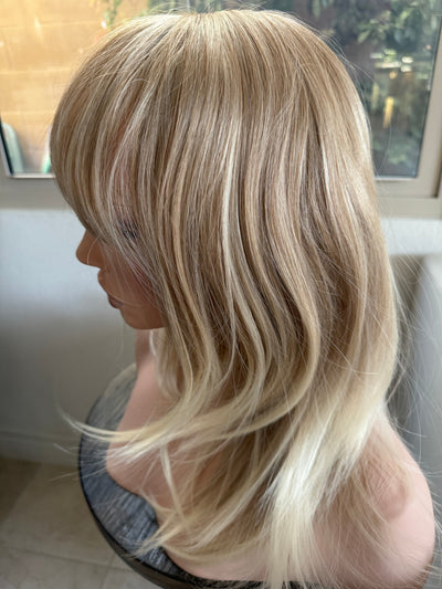 Tillstyle bleach blonde with ombre highlights wig with bangs layered synthetic wig