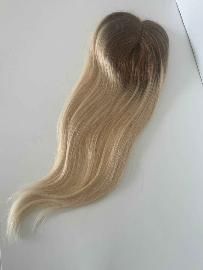 Tillstyle human hair topper clip in hair piece bleach blonde with brown roots mono base