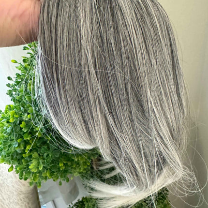 Till style  grey hair toppers for women  Salt and Pepper pale white Mix Hair with yellowish white