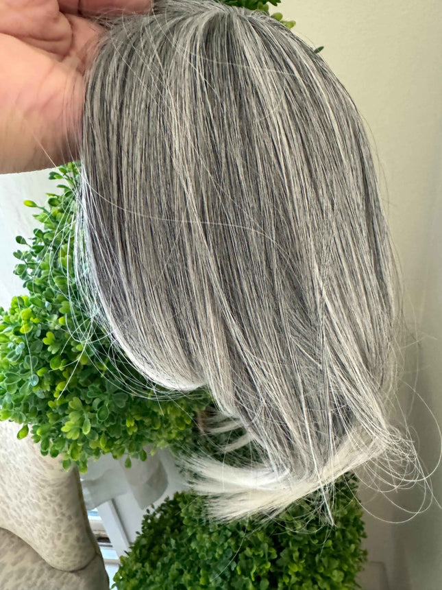 Till style  grey hair toppers for women  Salt and Pepper pale white Mix Hair with yellowish white