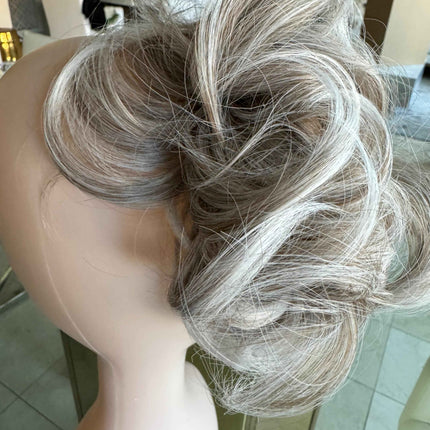 Tillstyle elastic messy bun hair piece curly hair bun pieces  white salt and pepper brownish grey