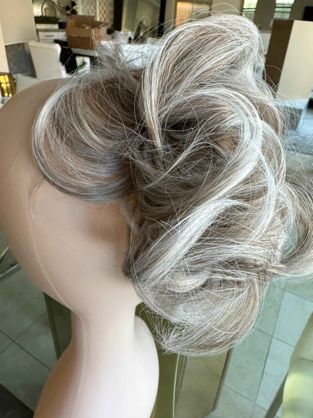 Tillstyle elastic messy bun hair piece curly hair bun pieces  white salt and pepper brownish grey