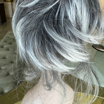 Tillstyle grey elastic hairbun scrunchie with bangs grey pony tail extension  with white ends