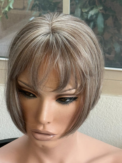 Tillstyle ash brown grey highlighted hair topper with bangs