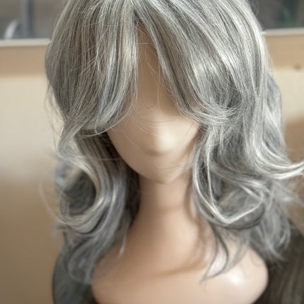 Tillstyle light grey silver wig with curtain bangs for women layered grey wig with pale white ends