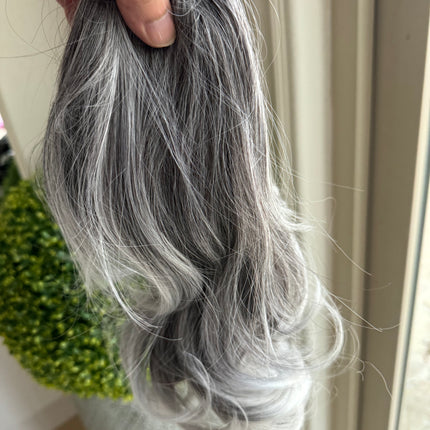 Tillstyle  medium grey curly claw clip ponytail white ends