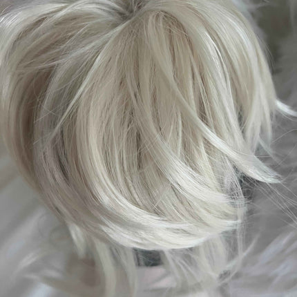 Tillstyle elastic hair bun scrunchie straight hair with bangs bleach blonde