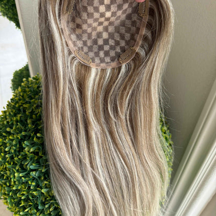 Human hair topper with mono base light Blonde highlighted