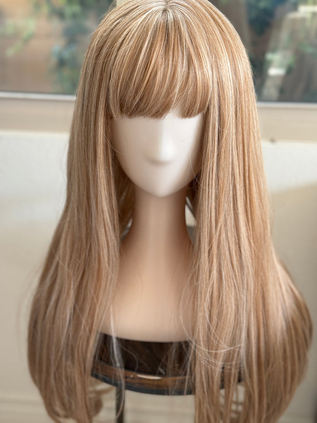 Tillstyle long  honey blonde /strawberry blonde straight wig  with bangs for women 26 inch middle part