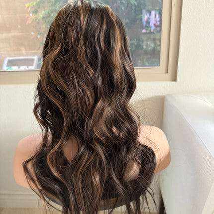 Till style brown caramel highlighted loose body wave invisible wire hair extensions