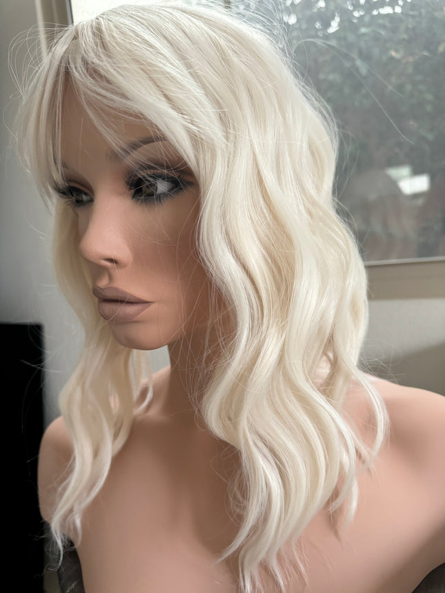 Till style white blonde hair toppers for women  with butterfly bangs loose body wave