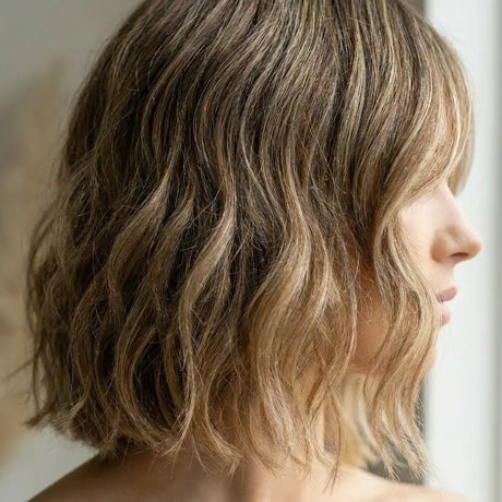 Tillstyle  layered short synthetic wig with bangs  #color_walnut-brown-highlighted