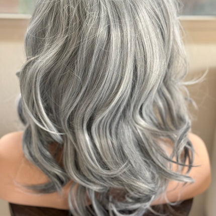 Tillstyle light grey silver wig with curtain bangs for women layered grey wig with pale white ends