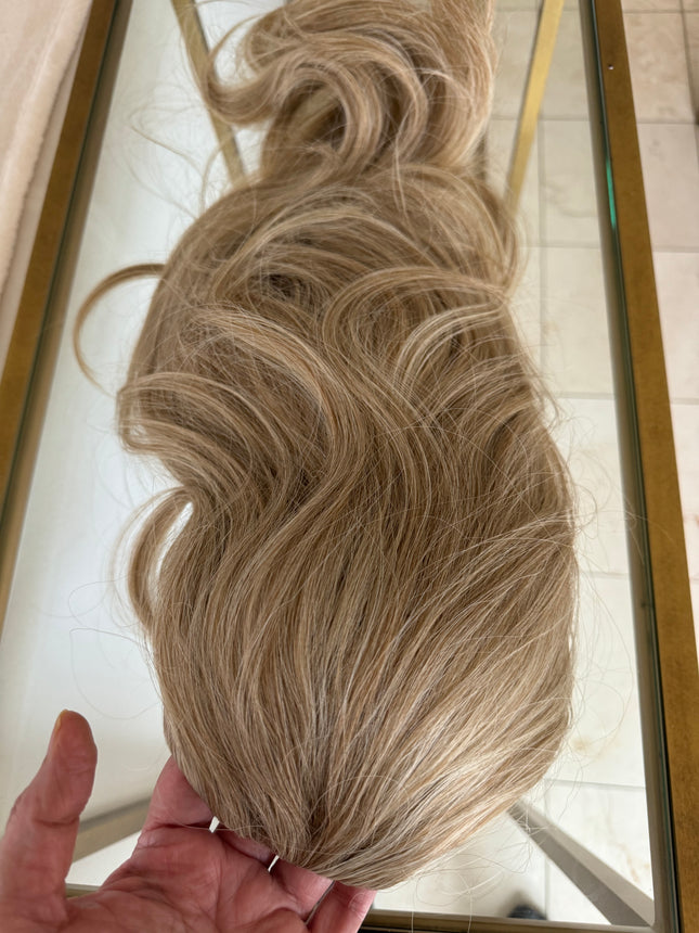 Tillstyle long wavy tied in half wig dirty blonde with ash blonde highlights water wave breathable base