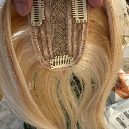 Tillstyle top hair piece 100%human hair platinum blonde highlighted clip in hair toppers for thinning crown